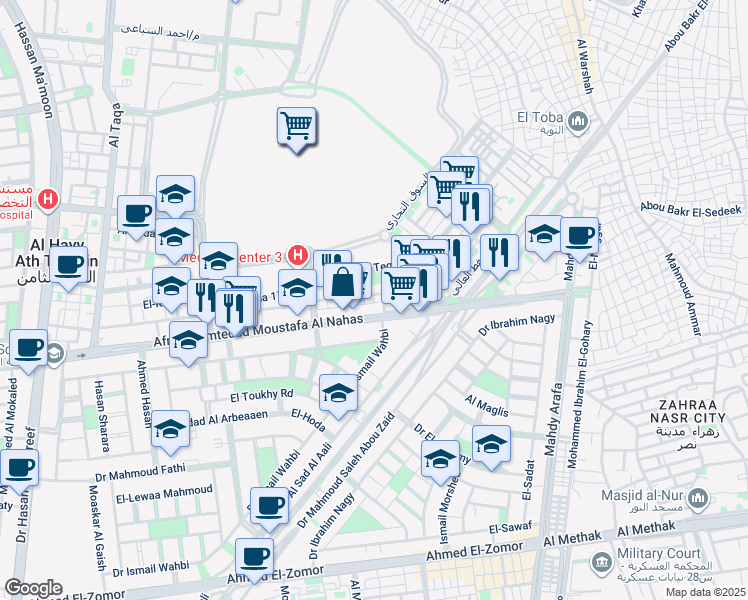map of restaurants, bars, coffee shops, grocery stores, and more near Mostafa El-Nahaas in Nasr City