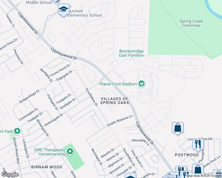map of restaurants, bars, coffee shops, grocery stores, and more near 5322 Lost Cove Lane in Spring