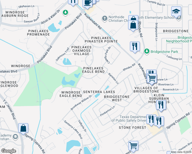 map of restaurants, bars, coffee shops, grocery stores, and more near 20115 Mansfield Park Lane in Spring