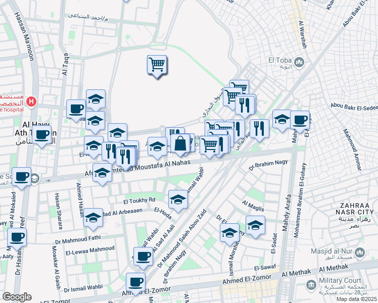 map of restaurants, bars, coffee shops, grocery stores, and more near Mostafa El-Nahaas in Nasr City