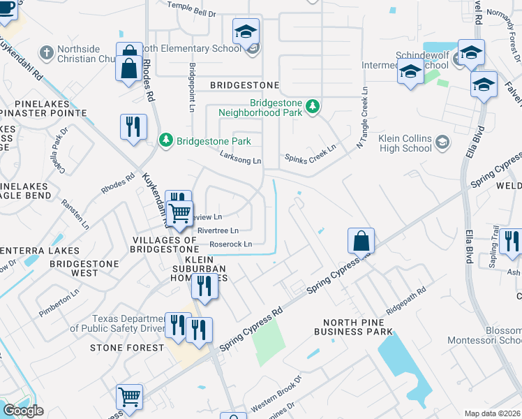 map of restaurants, bars, coffee shops, grocery stores, and more near 21019 Rivershadows Lane in Spring