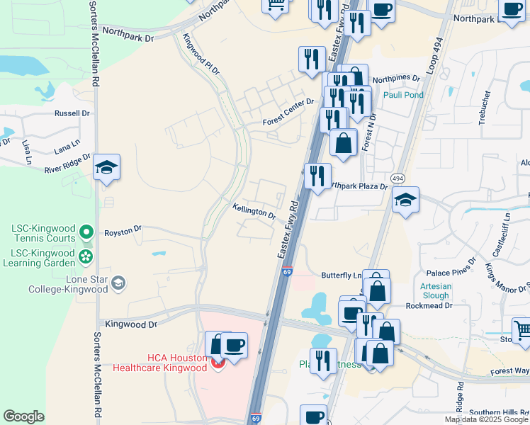 map of restaurants, bars, coffee shops, grocery stores, and more near 200 Kellington Drive in Houston