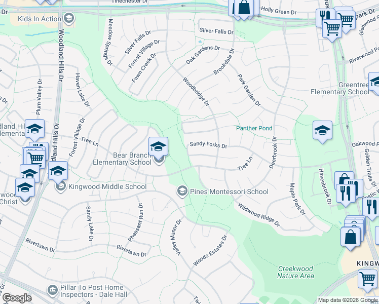 map of restaurants, bars, coffee shops, grocery stores, and more near 3406 Sandy Forks Drive in Humble