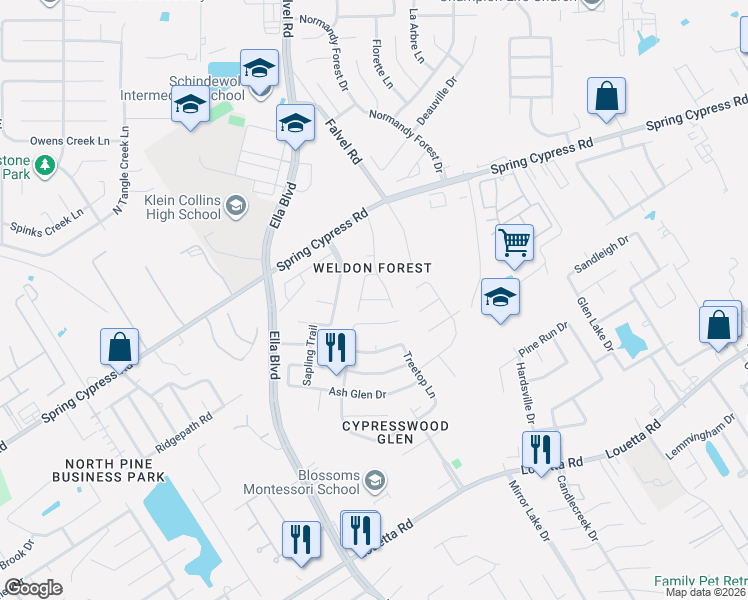 map of restaurants, bars, coffee shops, grocery stores, and more near 20511 Forest Drive in Spring