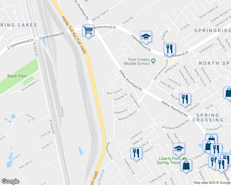 map of restaurants, bars, coffee shops, grocery stores, and more near Mary Thistle Drive in Spring