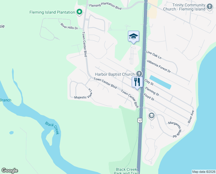 map of restaurants, bars, coffee shops, grocery stores, and more near 2418 Tall Cedars Road in Orange Park