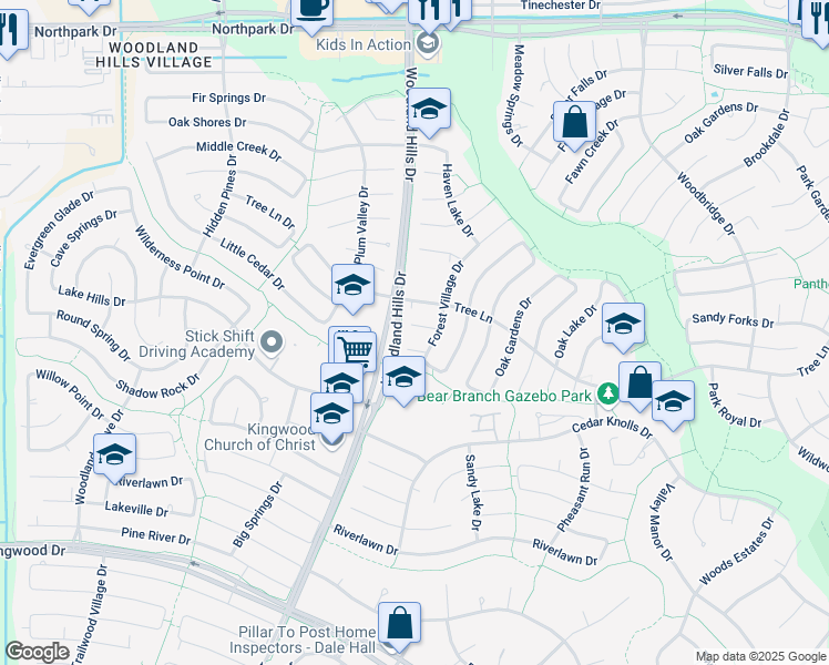 map of restaurants, bars, coffee shops, grocery stores, and more near 2306 River Village Drive in Humble