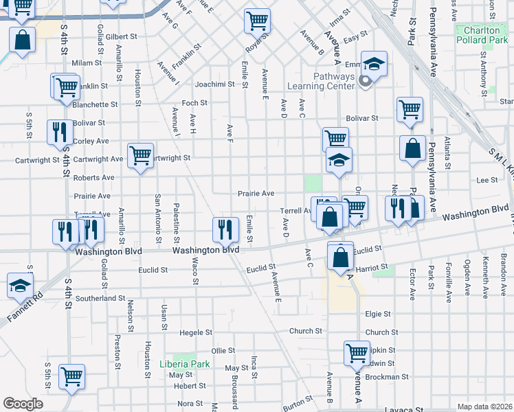 map of restaurants, bars, coffee shops, grocery stores, and more near 1838 Terrell Avenue in Beaumont