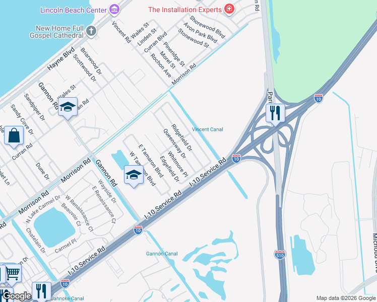 map of restaurants, bars, coffee shops, grocery stores, and more near 6990 Pinebrook Drive in New Orleans