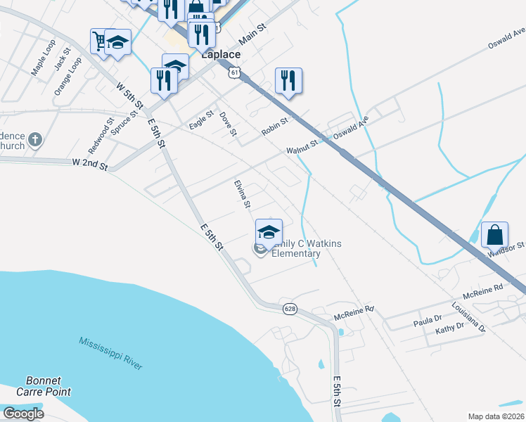 map of restaurants, bars, coffee shops, grocery stores, and more near 513 John Street in LaPlace