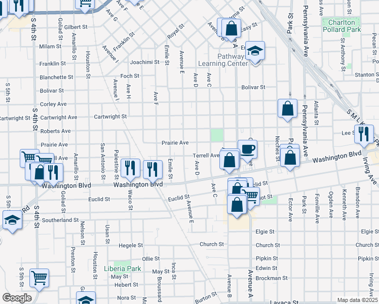 map of restaurants, bars, coffee shops, grocery stores, and more near 1760 Terrell Avenue in Beaumont