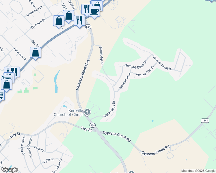 map of restaurants, bars, coffee shops, grocery stores, and more near 2102 Vista Ridge Drive in Kerrville