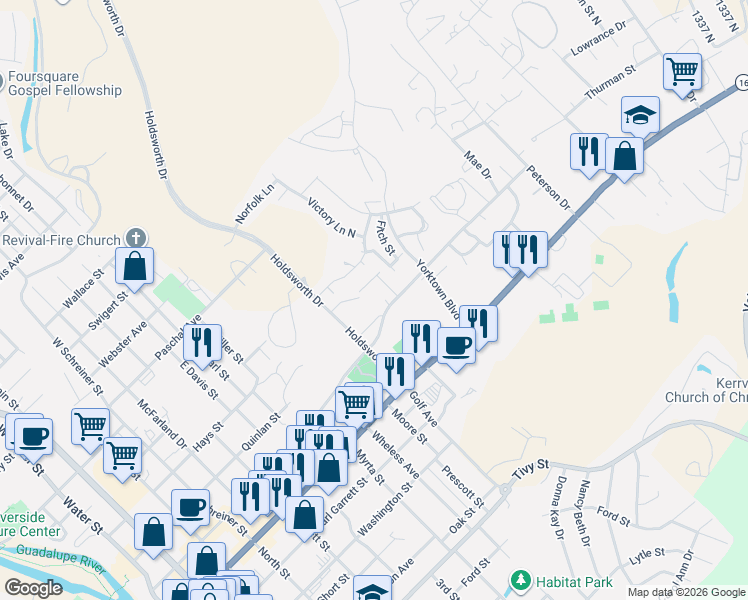 map of restaurants, bars, coffee shops, grocery stores, and more near 1301 Ridge Drive in Kerrville