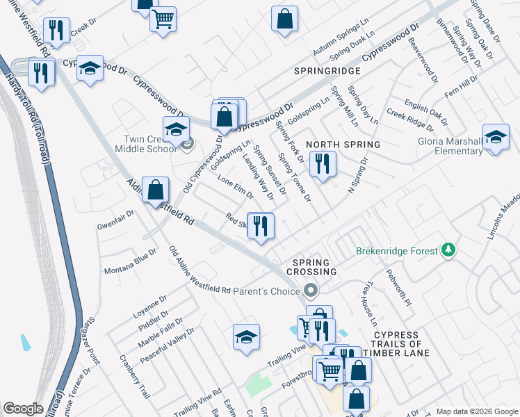 map of restaurants, bars, coffee shops, grocery stores, and more near 2401 Lone Elm Drive in Spring