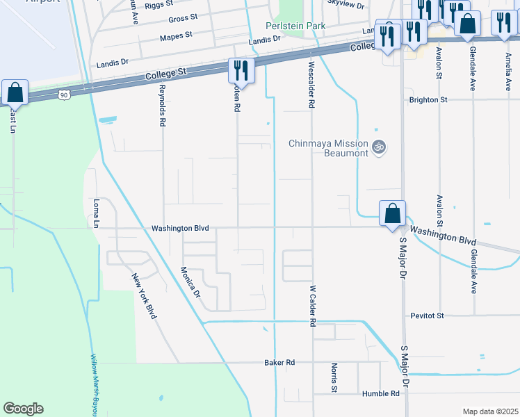 map of restaurants, bars, coffee shops, grocery stores, and more near 9075 Jennifer Street in Beaumont