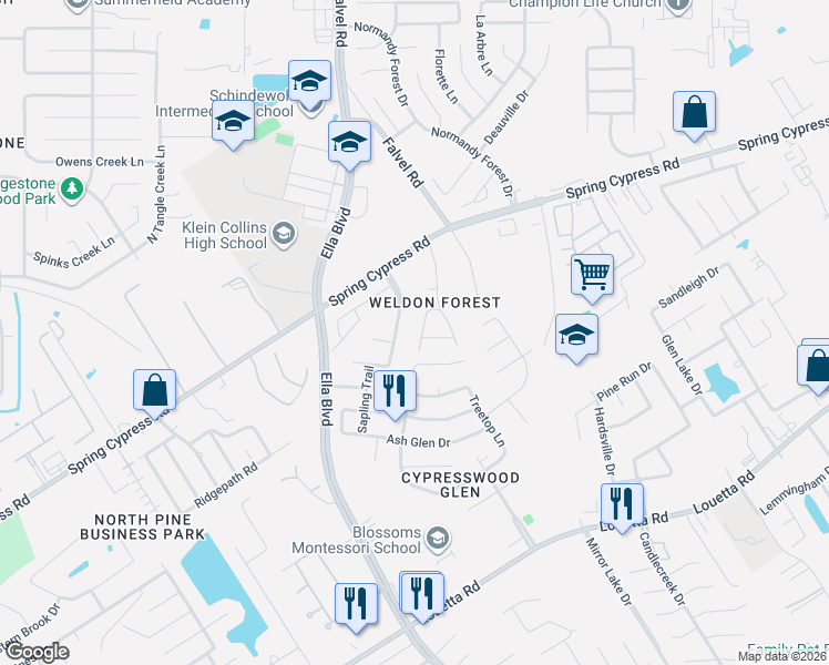 map of restaurants, bars, coffee shops, grocery stores, and more near 20511 Forest Drive in Spring