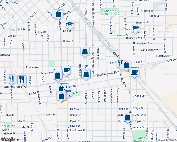 map of restaurants, bars, coffee shops, grocery stores, and more near 950 Washington Boulevard in Beaumont