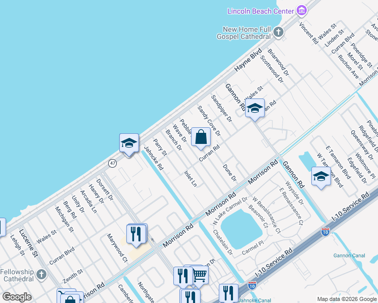 map of restaurants, bars, coffee shops, grocery stores, and more near 7800 Wave Drive in New Orleans