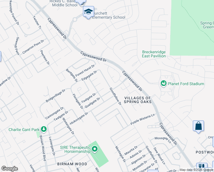 map of restaurants, bars, coffee shops, grocery stores, and more near 23903 Goodfellow Drive in Spring
