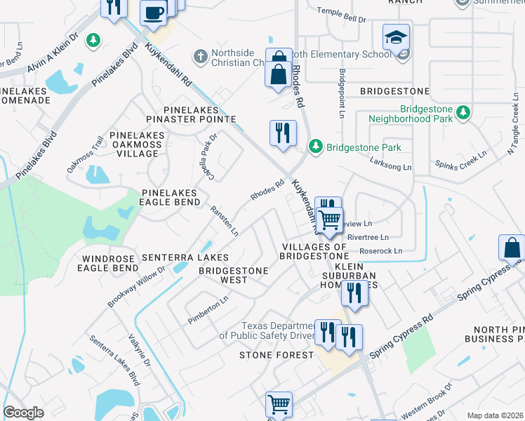 map of restaurants, bars, coffee shops, grocery stores, and more near 5118 Aberton Ln in Spring
