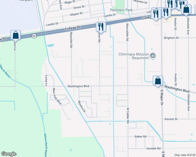 map of restaurants, bars, coffee shops, grocery stores, and more near 1810 Wooten Road in Beaumont