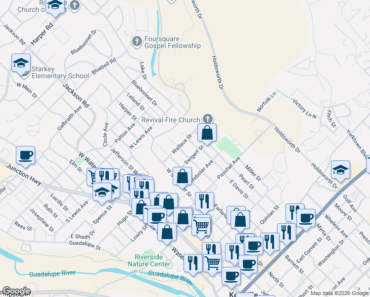 map of restaurants, bars, coffee shops, grocery stores, and more near 320 West Barnett Street in Kerrville