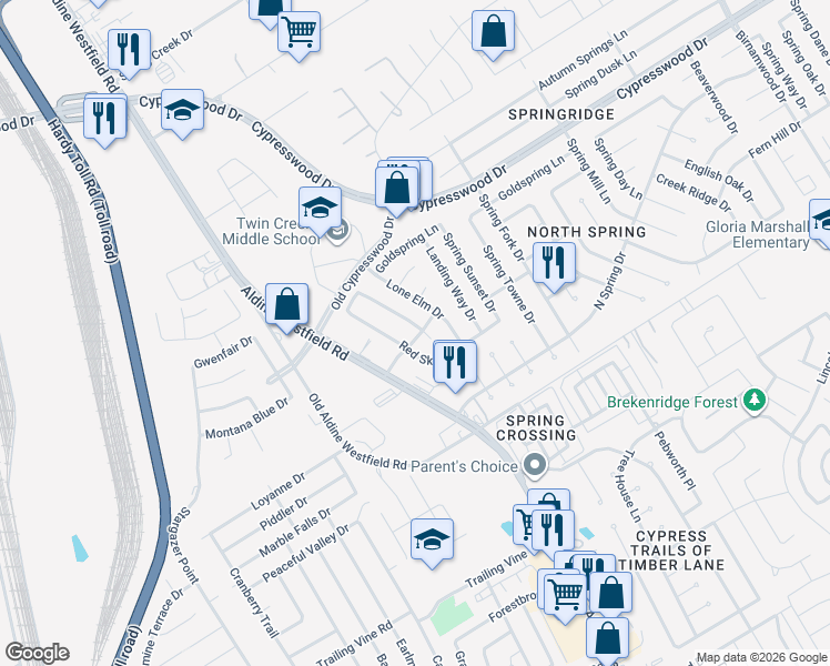 map of restaurants, bars, coffee shops, grocery stores, and more near 24103 Azure Sky Drive in Spring