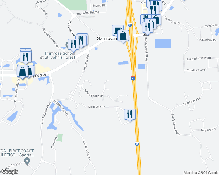 map of restaurants, bars, coffee shops, grocery stores, and more near 808 Esquire Lane in St. Augustine