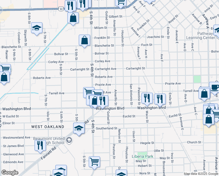 map of restaurants, bars, coffee shops, grocery stores, and more near 2845 Goliad Street in Beaumont