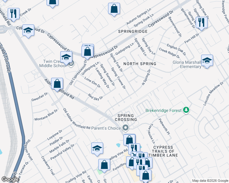 map of restaurants, bars, coffee shops, grocery stores, and more near 23815 Red Sky Drive in Spring