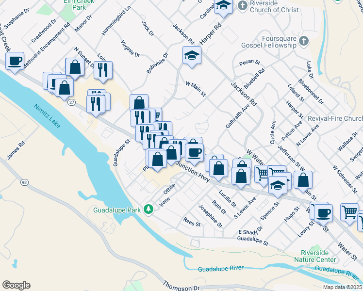 map of restaurants, bars, coffee shops, grocery stores, and more near 901 Lois Street in Kerrville