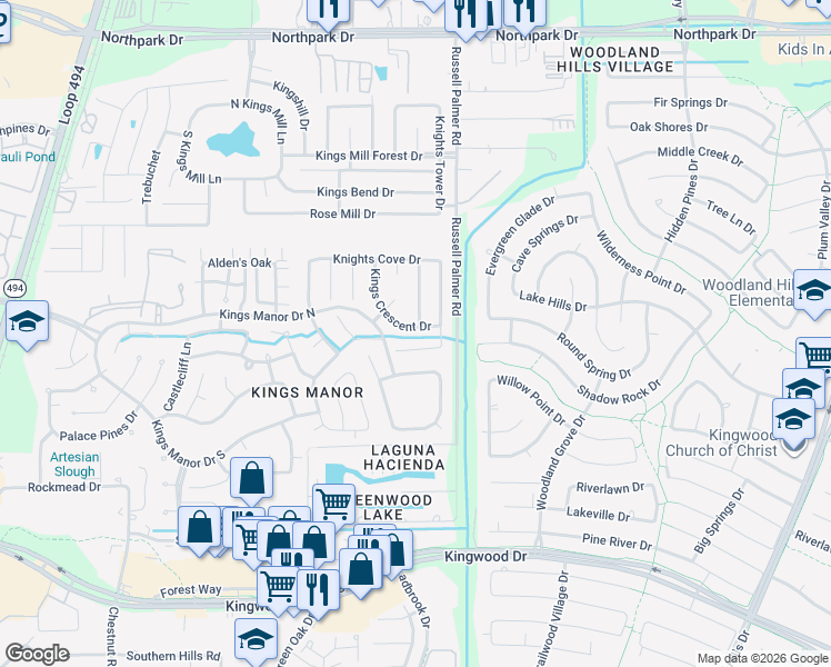 map of restaurants, bars, coffee shops, grocery stores, and more near 26933 Kings Crescent Drive in Harris County