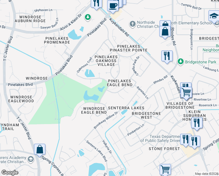 map of restaurants, bars, coffee shops, grocery stores, and more near 5919 Pinelake Crossing Drive in Spring
