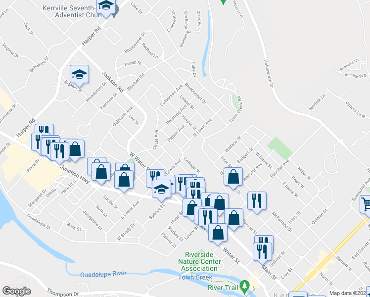 map of restaurants, bars, coffee shops, grocery stores, and more near 403 North Lewis Avenue in Kerrville