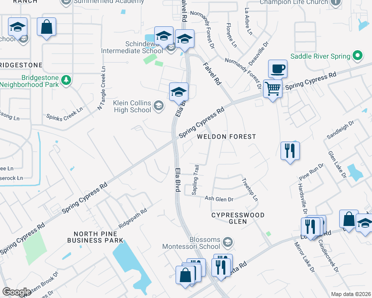map of restaurants, bars, coffee shops, grocery stores, and more near 20606 Cypress Tree Lane in Spring