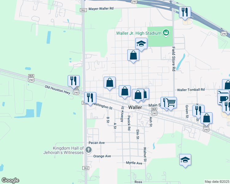 map of restaurants, bars, coffee shops, grocery stores, and more near 1301 A Street in Waller