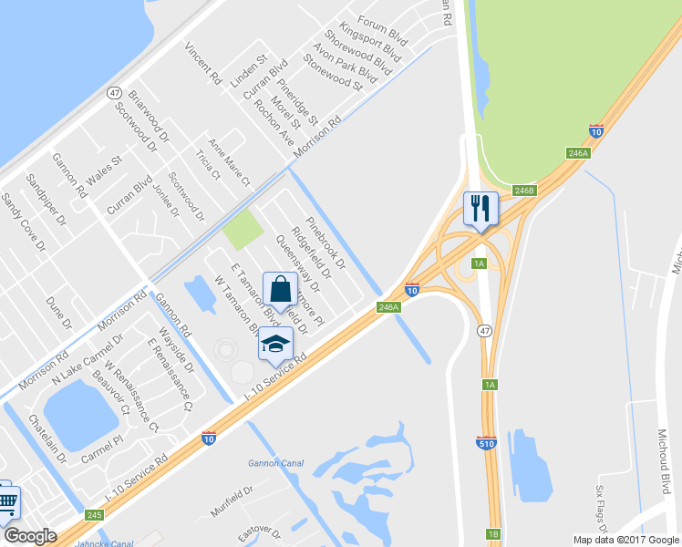 map of restaurants, bars, coffee shops, grocery stores, and more near 6990 Pinebrook Drive in New Orleans