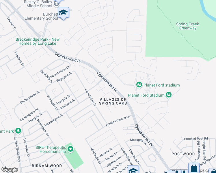 map of restaurants, bars, coffee shops, grocery stores, and more near 5218 Bright Oak Court in Spring