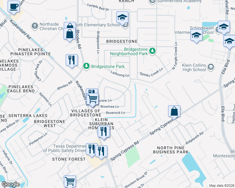 map of restaurants, bars, coffee shops, grocery stores, and more near 21006 Meriglen Lane in Spring