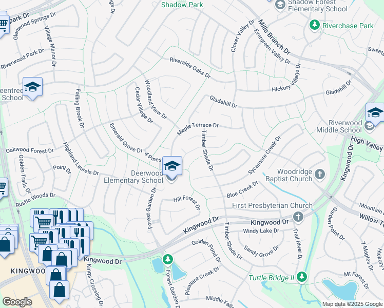 map of restaurants, bars, coffee shops, grocery stores, and more near 5102 Walnut Hills Drive in Humble