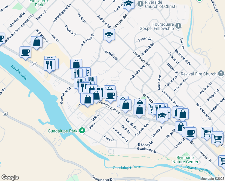 map of restaurants, bars, coffee shops, grocery stores, and more near 806 Lois St in Kerrville