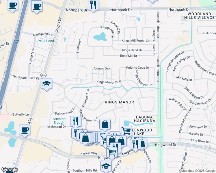 map of restaurants, bars, coffee shops, grocery stores, and more near 26840 Calgary Pointe Drive in Humble