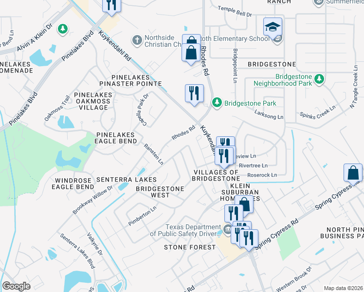 map of restaurants, bars, coffee shops, grocery stores, and more near 5118 Aberton Lane in Spring