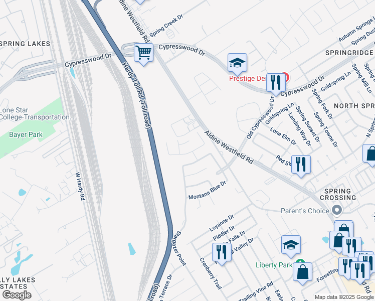 map of restaurants, bars, coffee shops, grocery stores, and more near 2502 Mary Thistle Drive in Spring