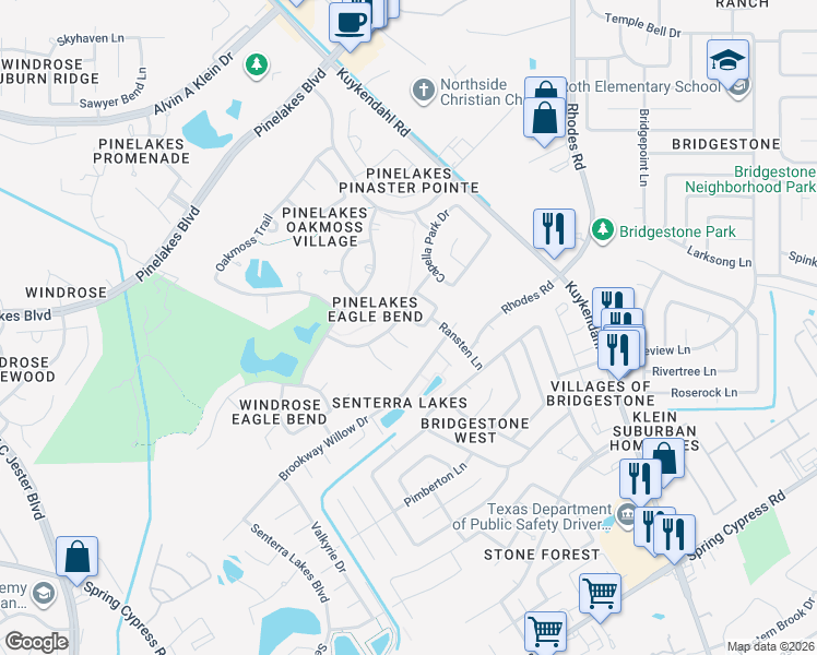 map of restaurants, bars, coffee shops, grocery stores, and more near 20115 Mansfield Park Lane in Spring