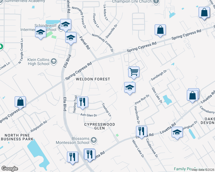 map of restaurants, bars, coffee shops, grocery stores, and more near 3411 Hackberry Court in Spring