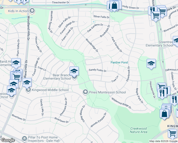map of restaurants, bars, coffee shops, grocery stores, and more near 3406 Sandy Forks Drive in Humble
