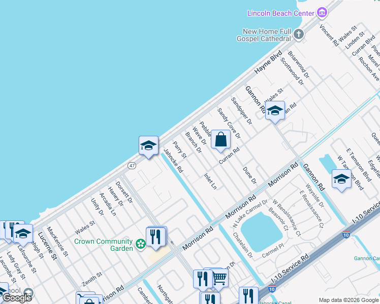map of restaurants, bars, coffee shops, grocery stores, and more near 7900 Placid Street in New Orleans