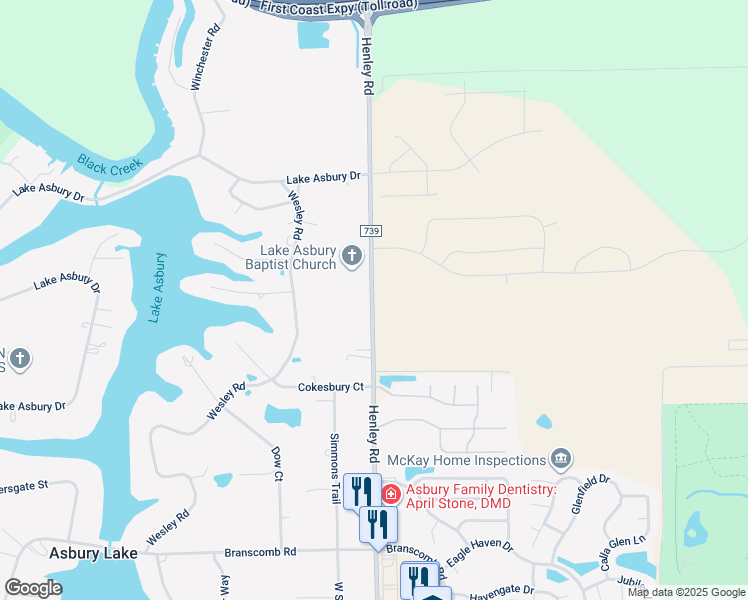 map of restaurants, bars, coffee shops, grocery stores, and more near 2723 Henley Road in Green Cove Springs