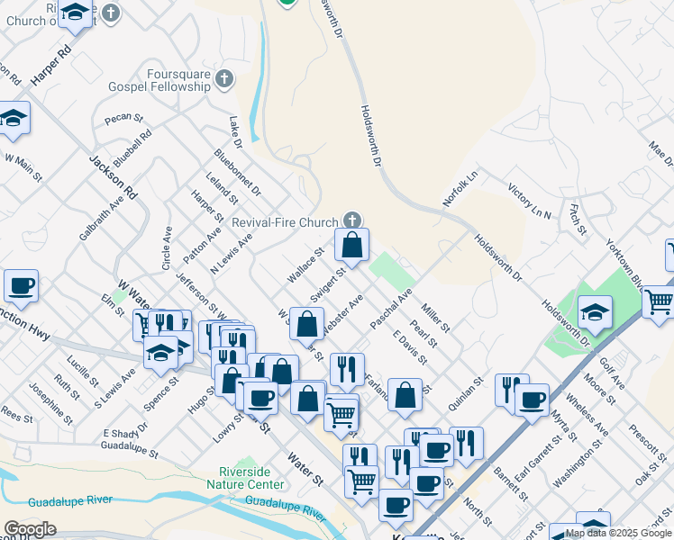 map of restaurants, bars, coffee shops, grocery stores, and more near 304 Coleman Street in Kerrville